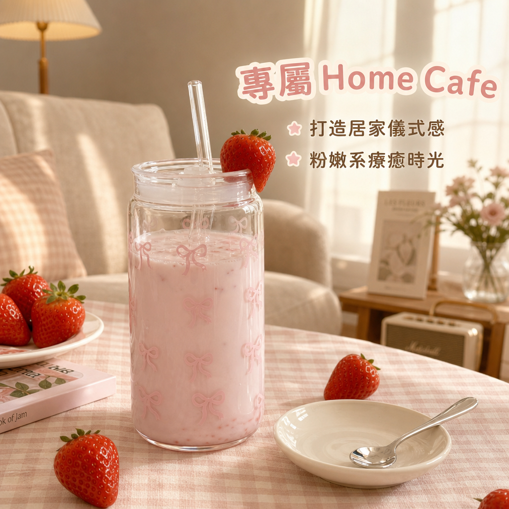 蝴蝶結吸管玻璃杯 大容量可愛果汁杯 耐高溫咖啡杯