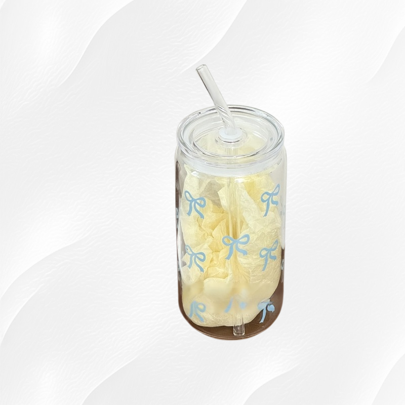 蝴蝶結吸管玻璃杯 大容量可愛果汁杯 耐高溫咖啡杯