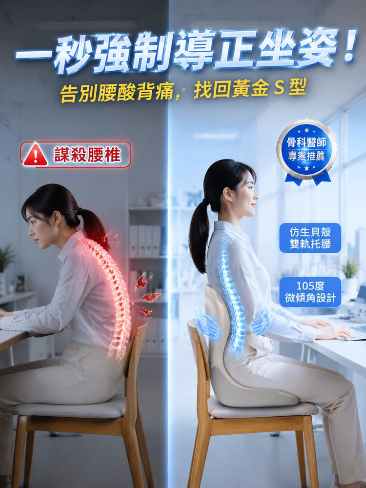 破百公斤不塌陷！【PROMAX 脊醫級】3D貝殼托腰坐墊｜專家推薦久坐救星