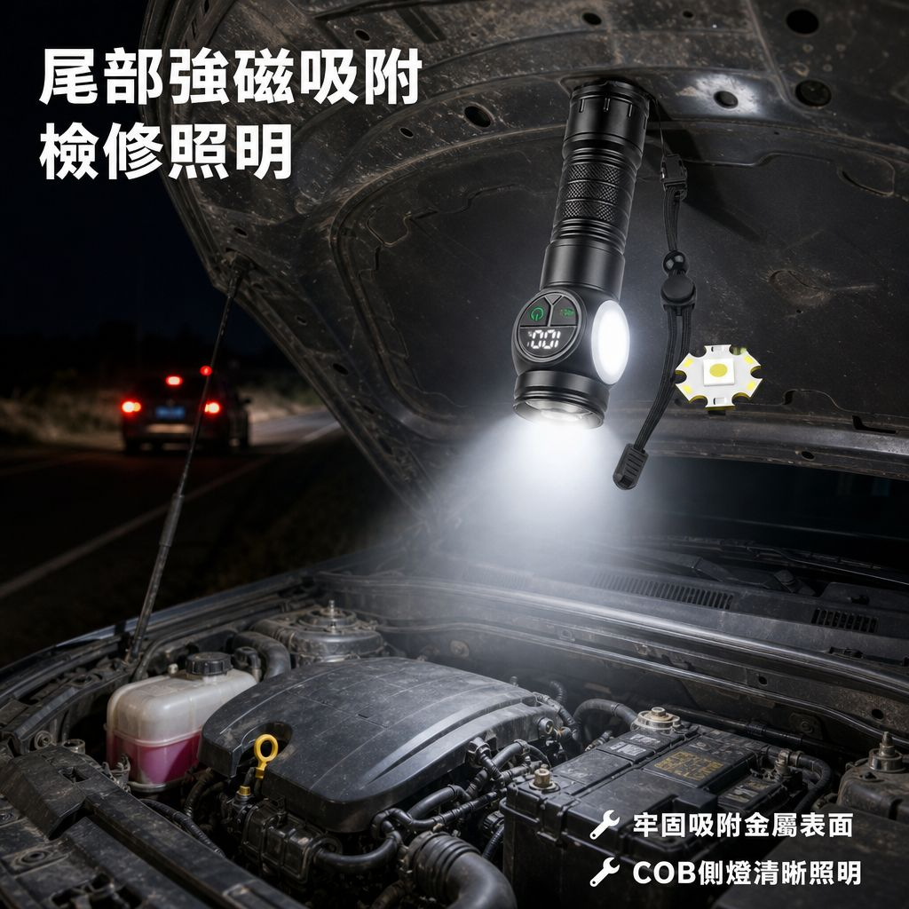 多功能磁吸強光手電筒 智能數顯白光激光側燈 戶外應急維修燈
