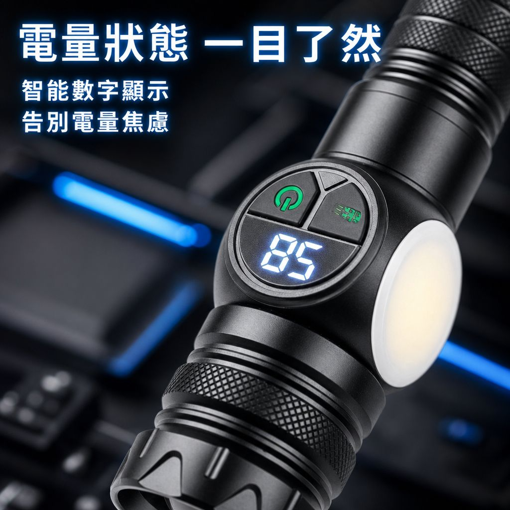 多功能磁吸強光手電筒 智能數顯白光激光側燈 戶外應急維修燈