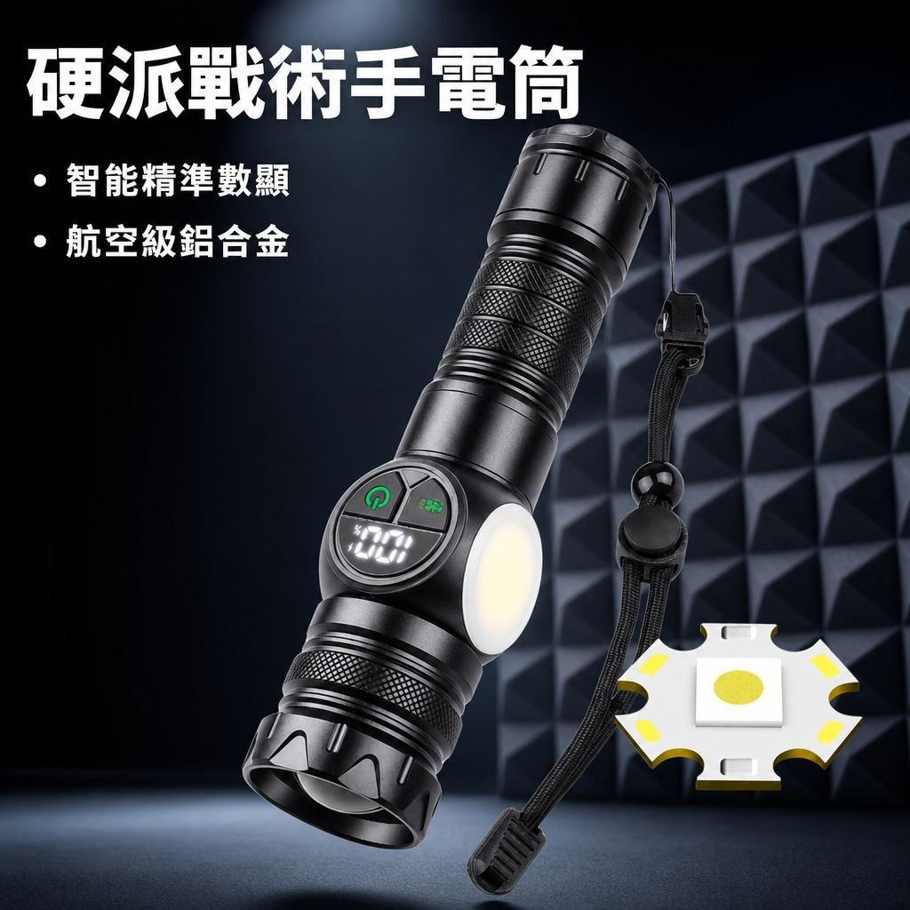 多功能磁吸強光手電筒 智能數顯白光激光側燈 戶外應急維修燈