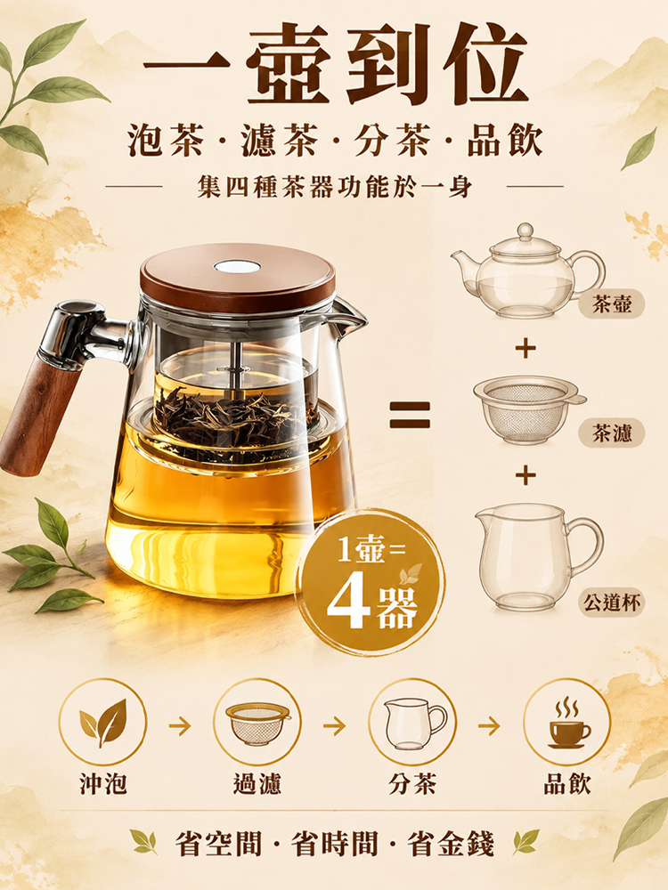 【不苦澀萃茶壺】一鍵過濾高硼矽懶人茶壺