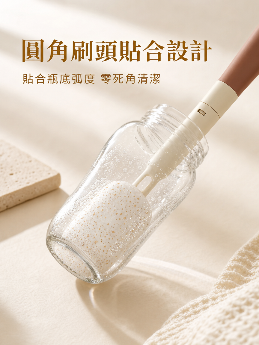 天然木漿棉材質奶瓶刷細節特寫