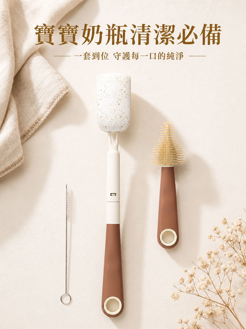 木漿棉奶瓶刷高效清潔示意圖