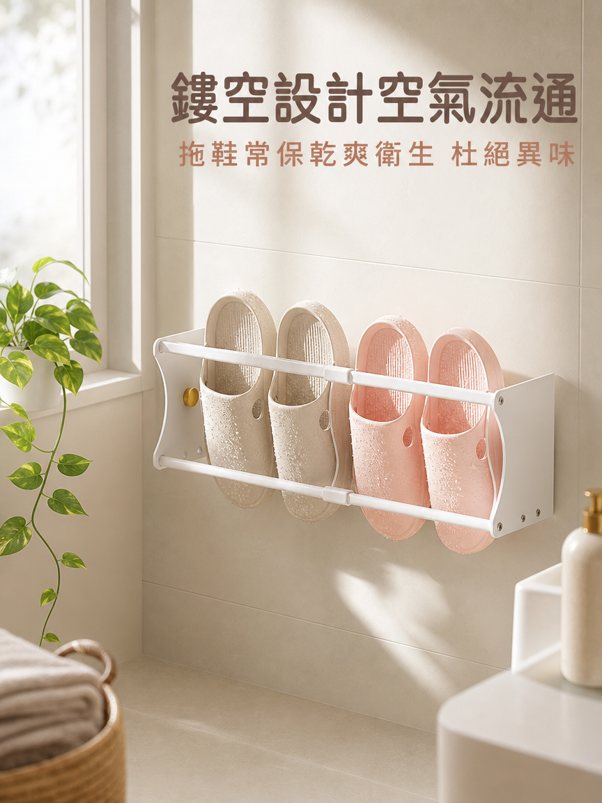 免打孔拖鞋收納架安裝於浴室牆面