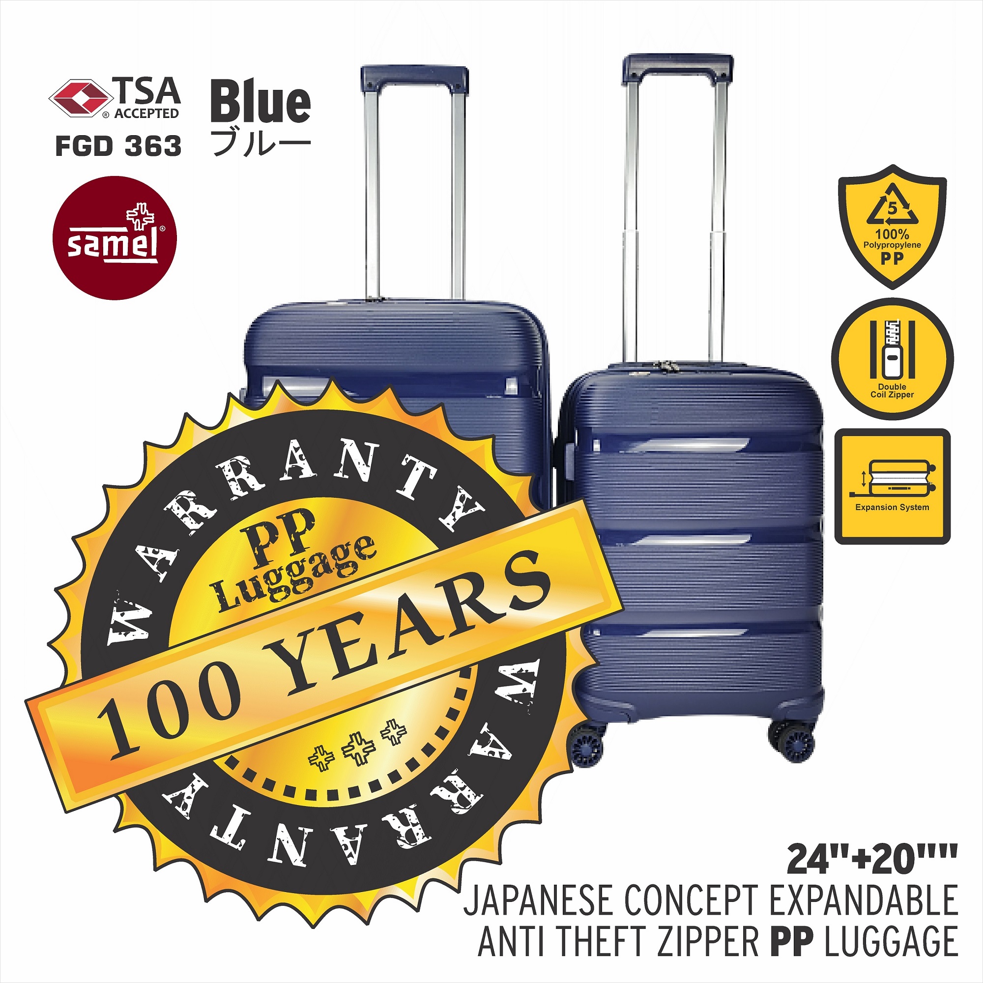 SAMEL 20" + 28" FGD 363 JAPANESES CONCEPT EXPANDABLE ANTI THEFT ZIPPER PP LUGGAGE SET