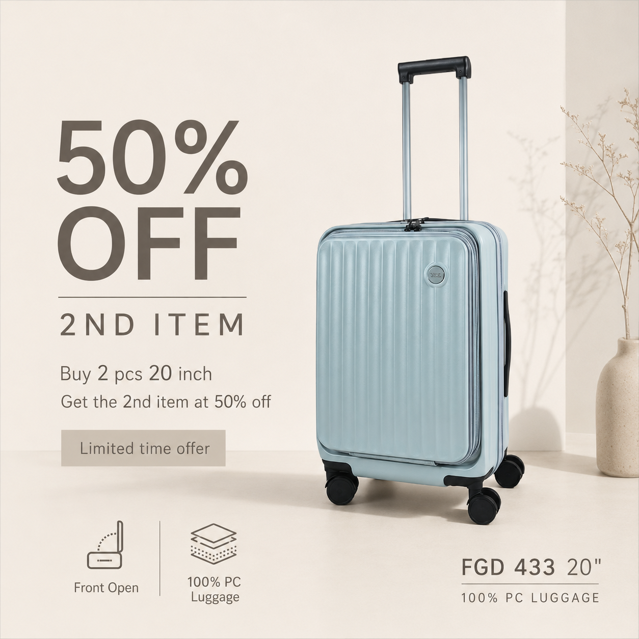 SAMEL 20" FGD 433 JAPANESES CONCEPT NOBU PREMIUM EXPANDABLE FRONT OPEN 100% PC LUGGAGE