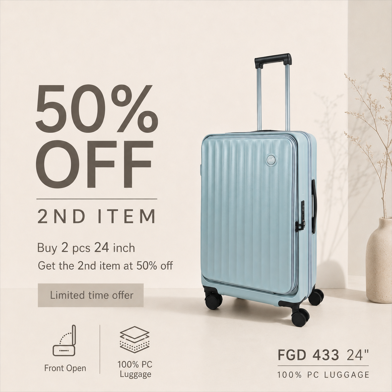 SAMEL 24" FGD 433 JAPANESES CONCEPT NOBU PREMIUM EXPANDABLE FRONT OPEN 100% PC LUGGAGE