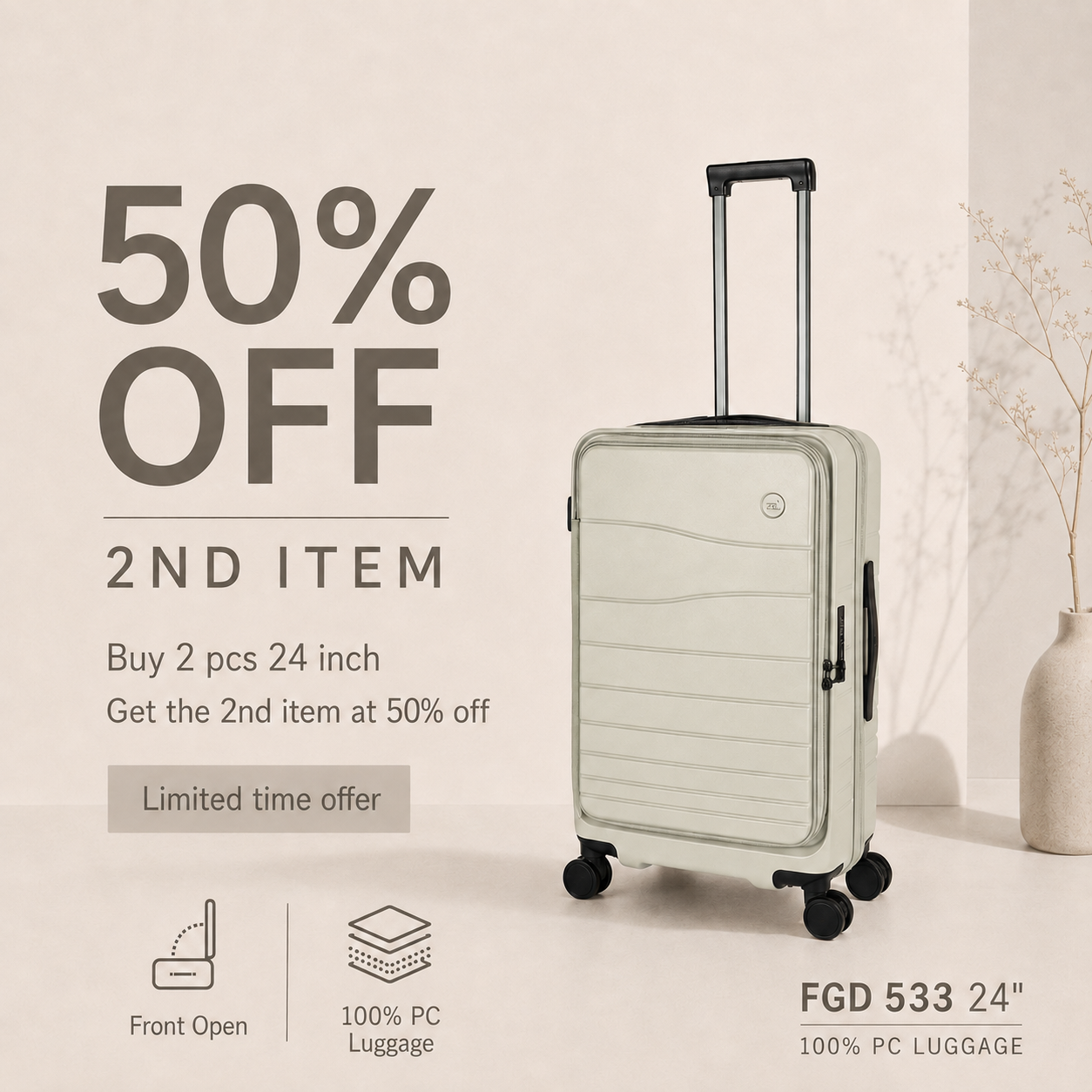 SAMEL 24" FGD 533 JAPANESES CONCEPT SHINPURUSA PREMIUM EXPANDABLE FRONT OPEN 100% PC LUGGAGE