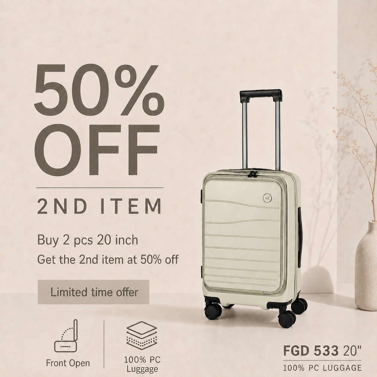 SAMEL 20" FGD 533 JAPANESES CONCEPT SHINPURUSA PREMIUM EXPANDABLE FRONT OPEN 100% PC LUGGAGE