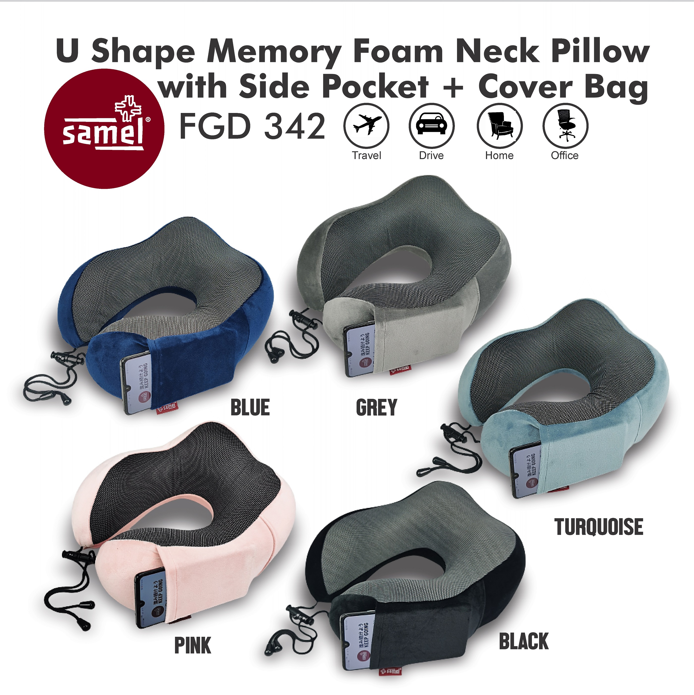 Samel fgd 342 u shape memory foam neck pillow with side pocket + cover bag