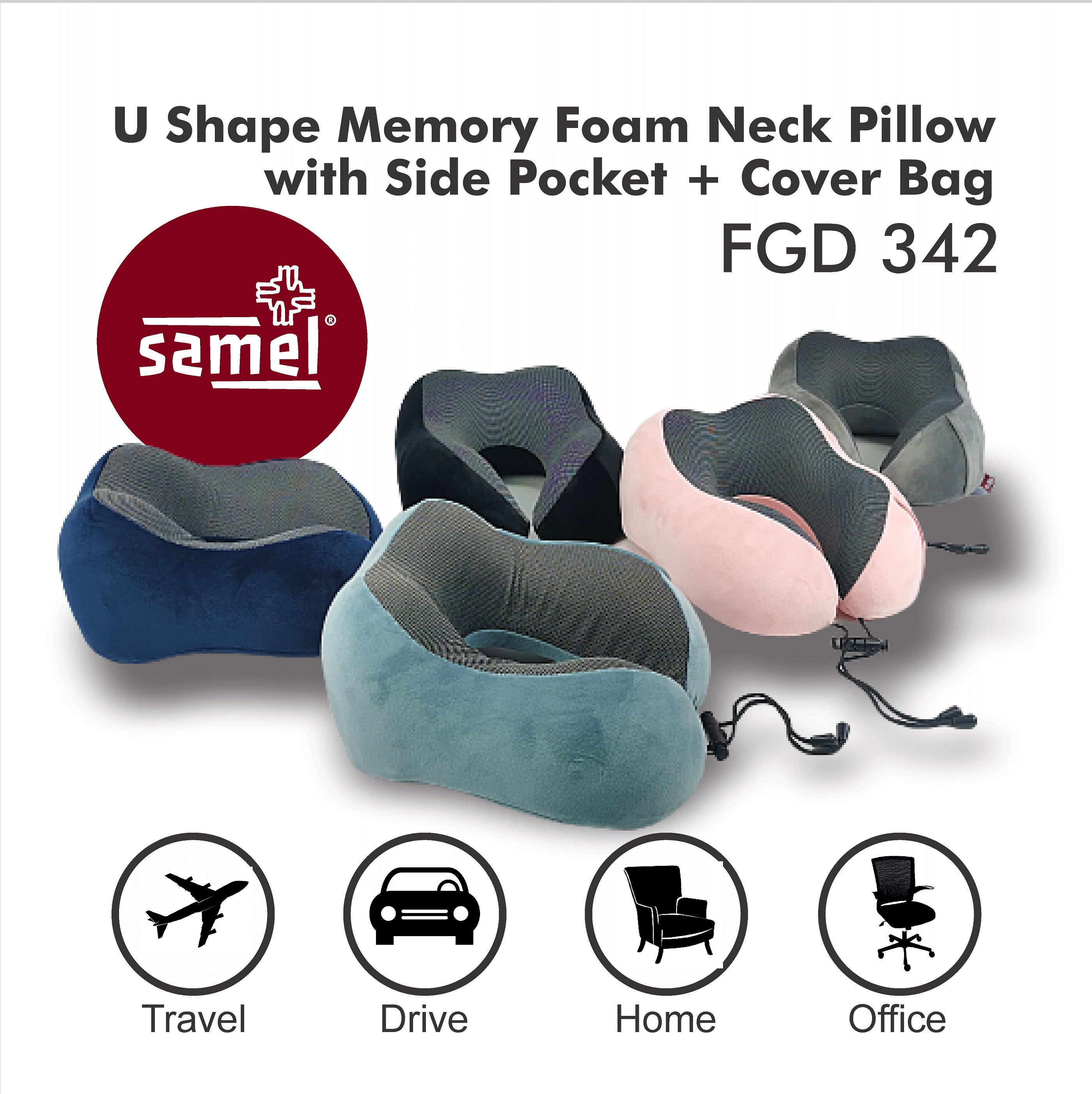 Samel fgd 342 u shape memory foam neck pillow with side pocket + cover bag