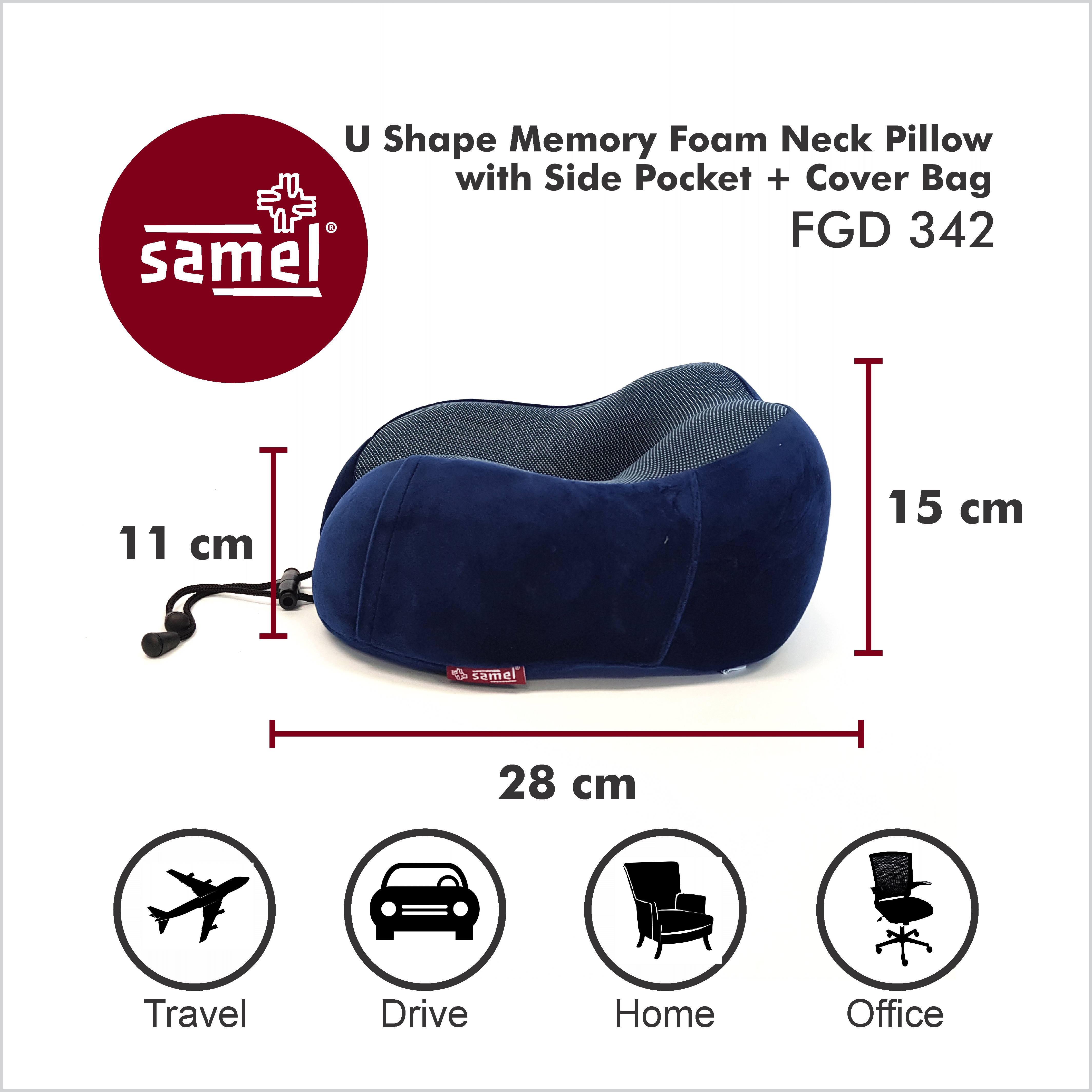 Samel fgd 342 u shape memory foam neck pillow with side pocket + cover bag