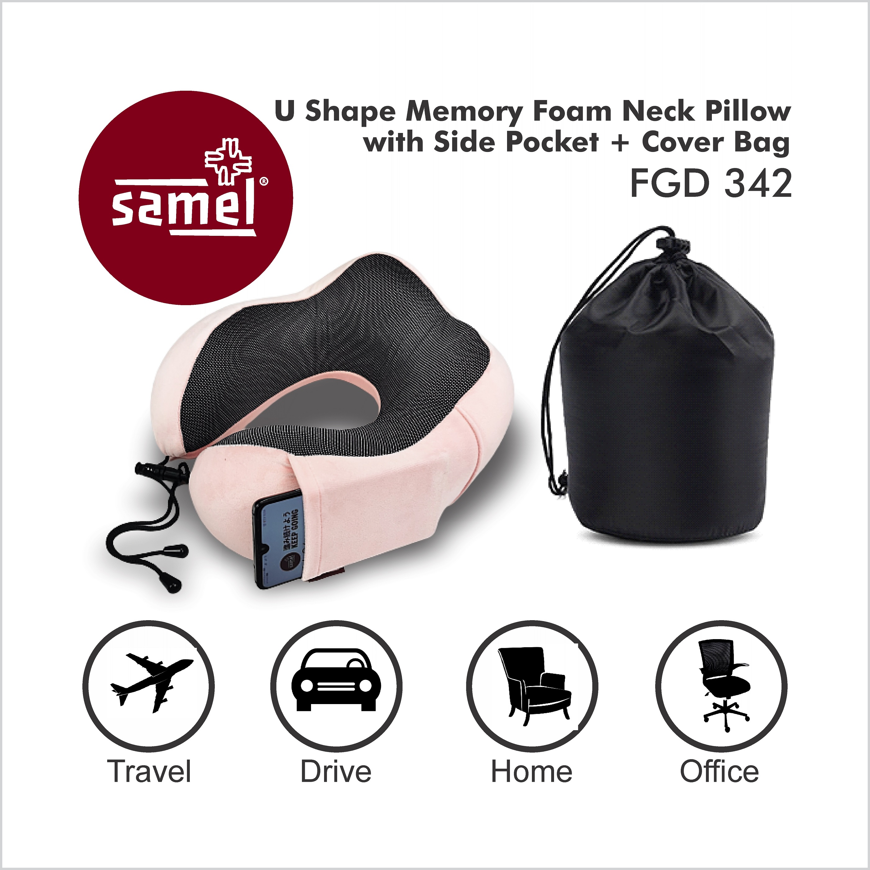 Samel fgd 342 u shape memory foam neck pillow with side pocket + cover bag