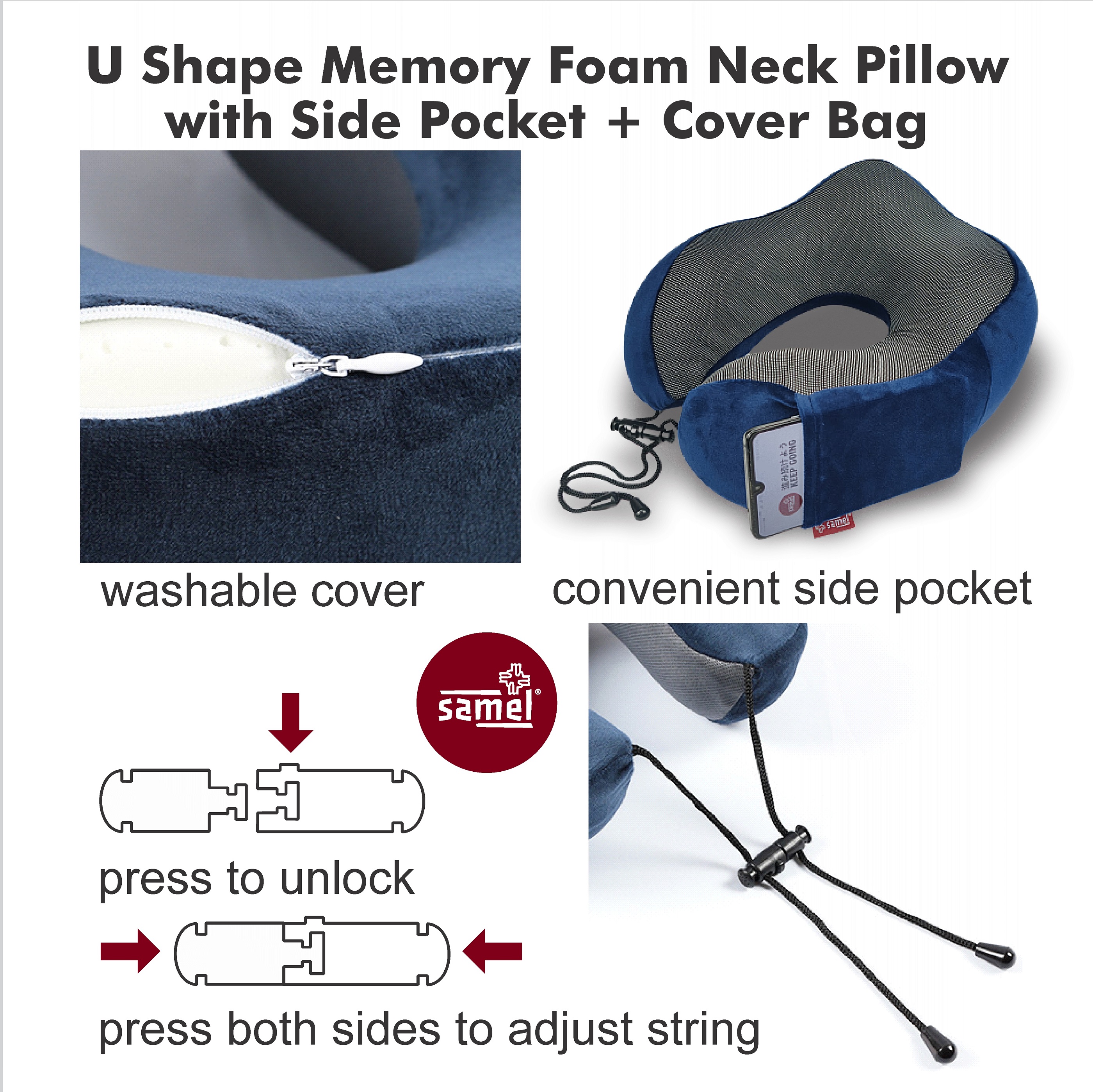 Samel fgd 342 u shape memory foam neck pillow with side pocket + cover bag