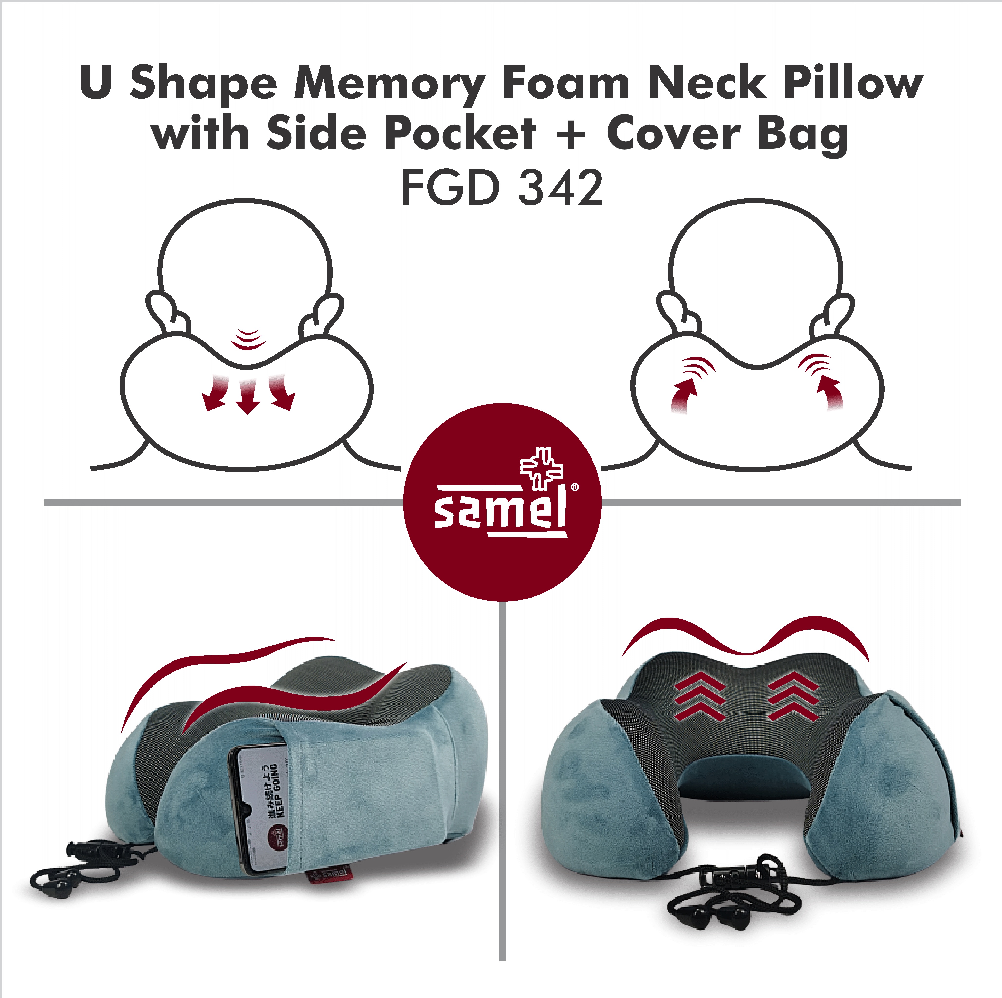 Samel fgd 342 u shape memory foam neck pillow with side pocket + cover bag