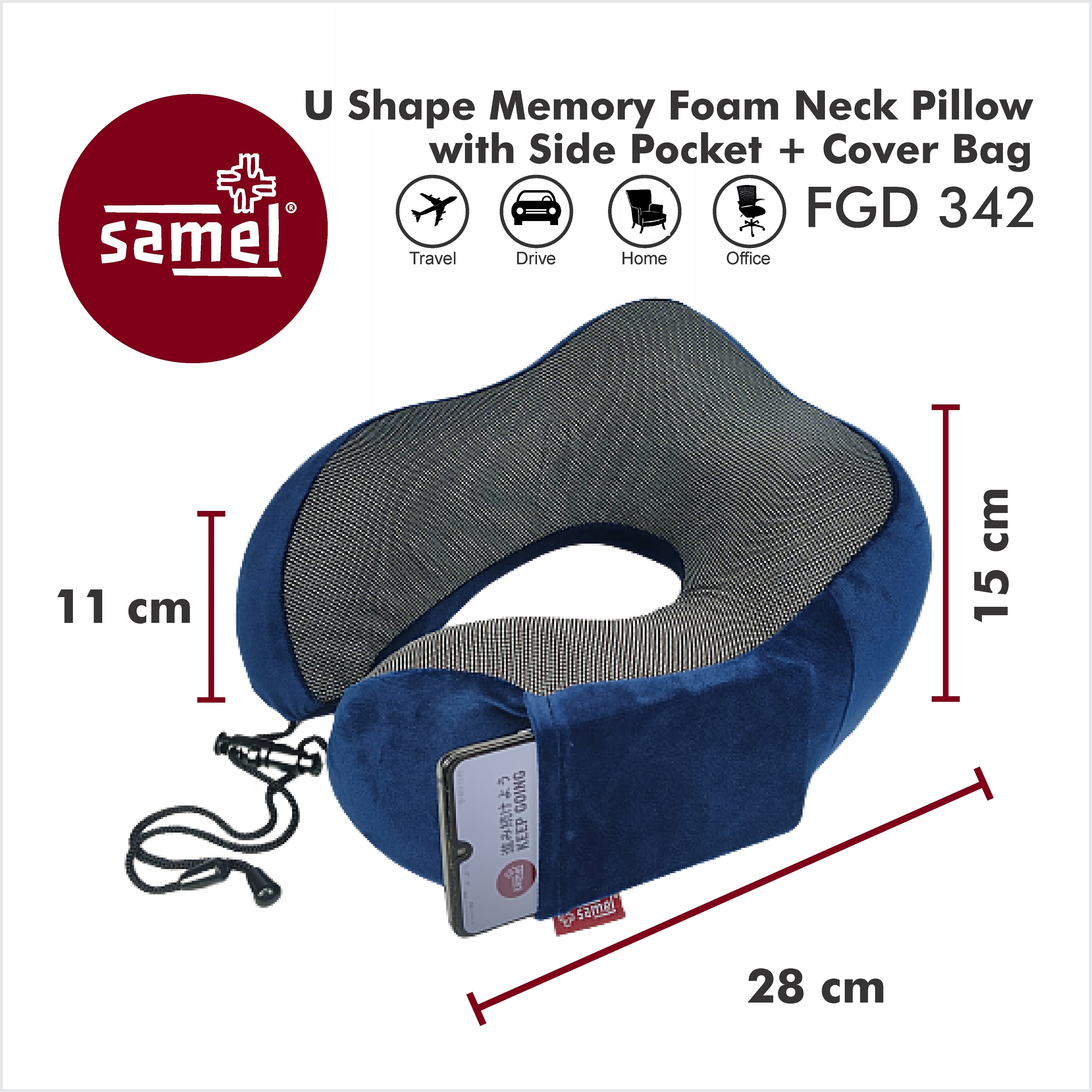 Samel fgd 342 u shape memory foam neck pillow with side pocket + cover bag