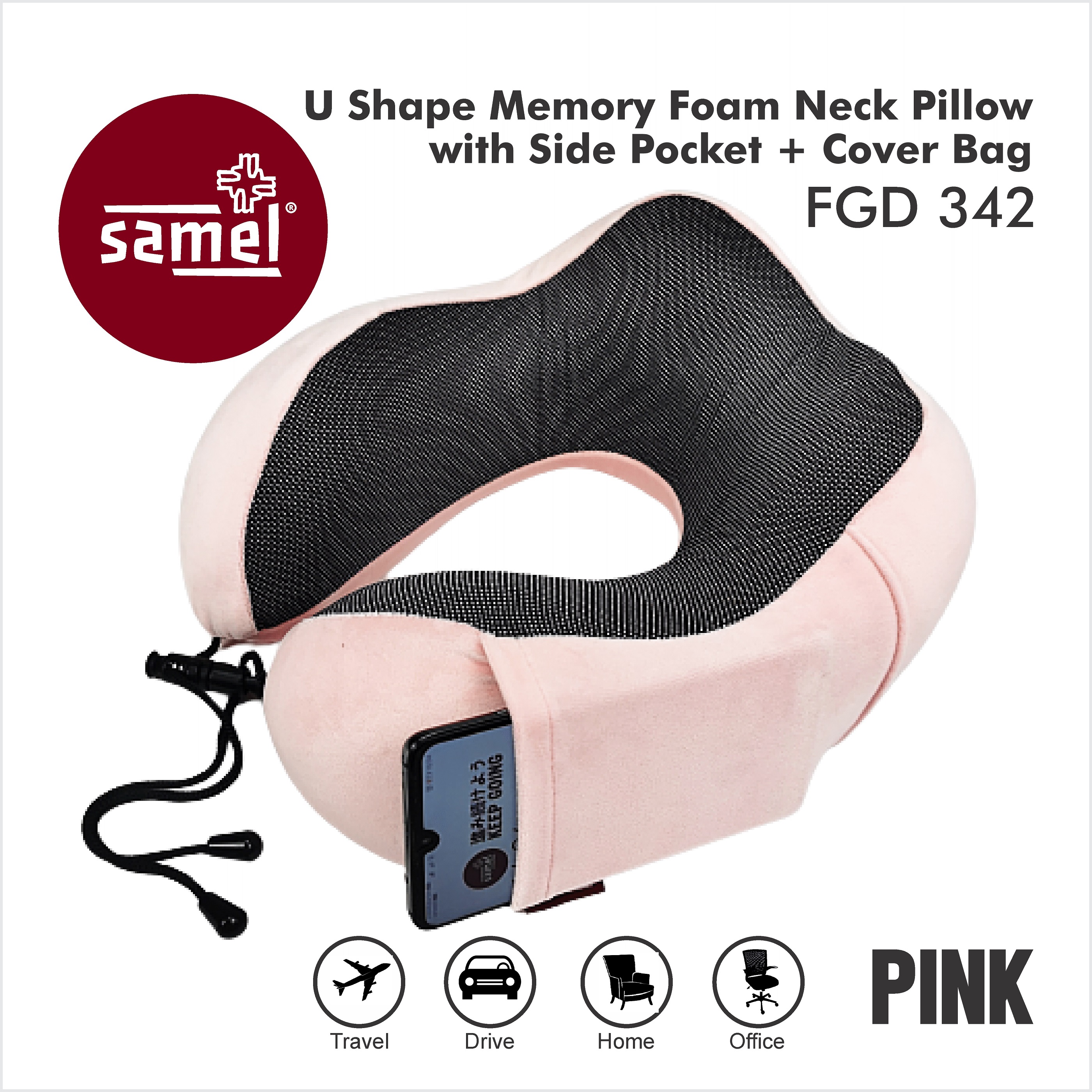 Samel fgd 342 u shape memory foam neck pillow with side pocket + cover bag