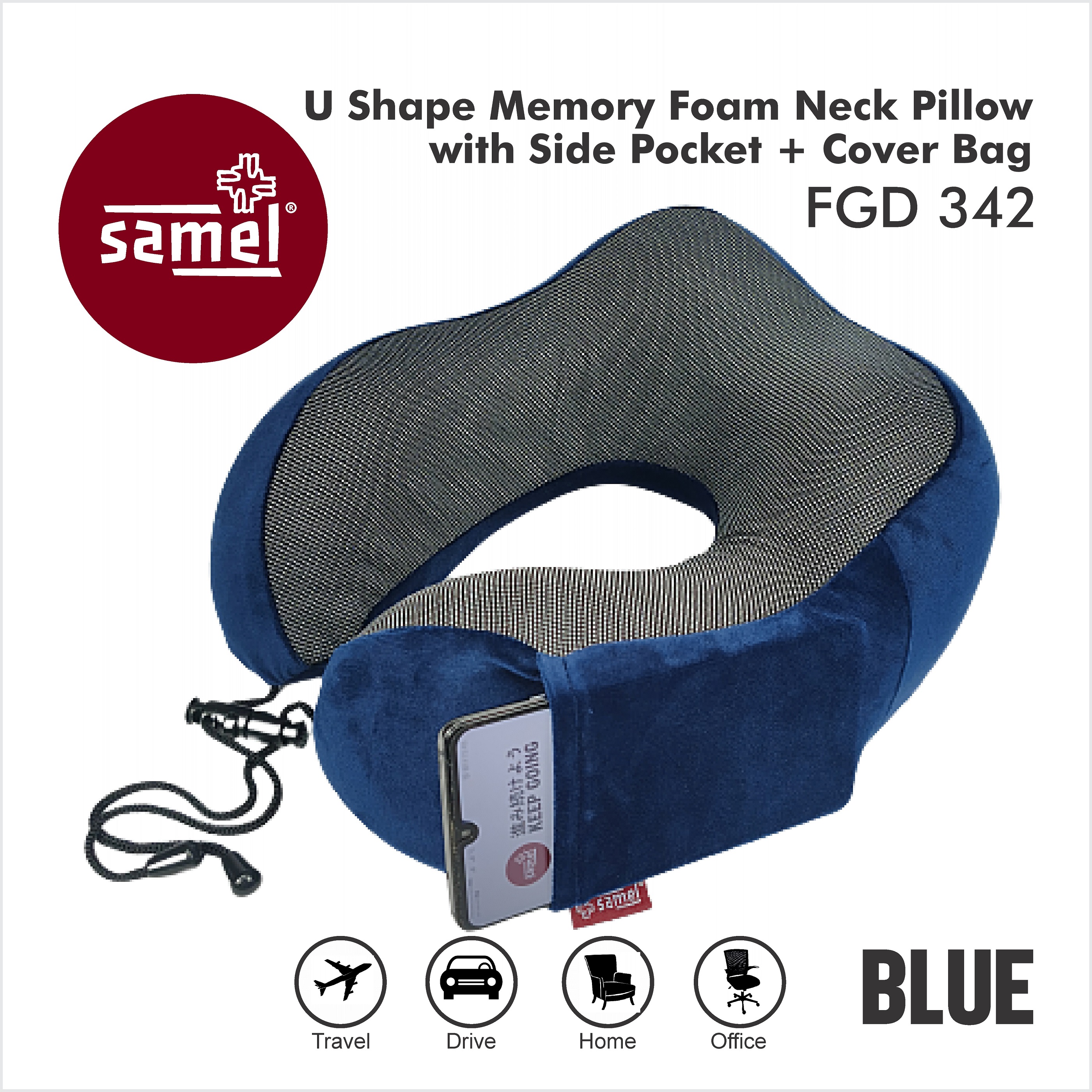 Samel fgd 342 u shape memory foam neck pillow with side pocket + cover bag