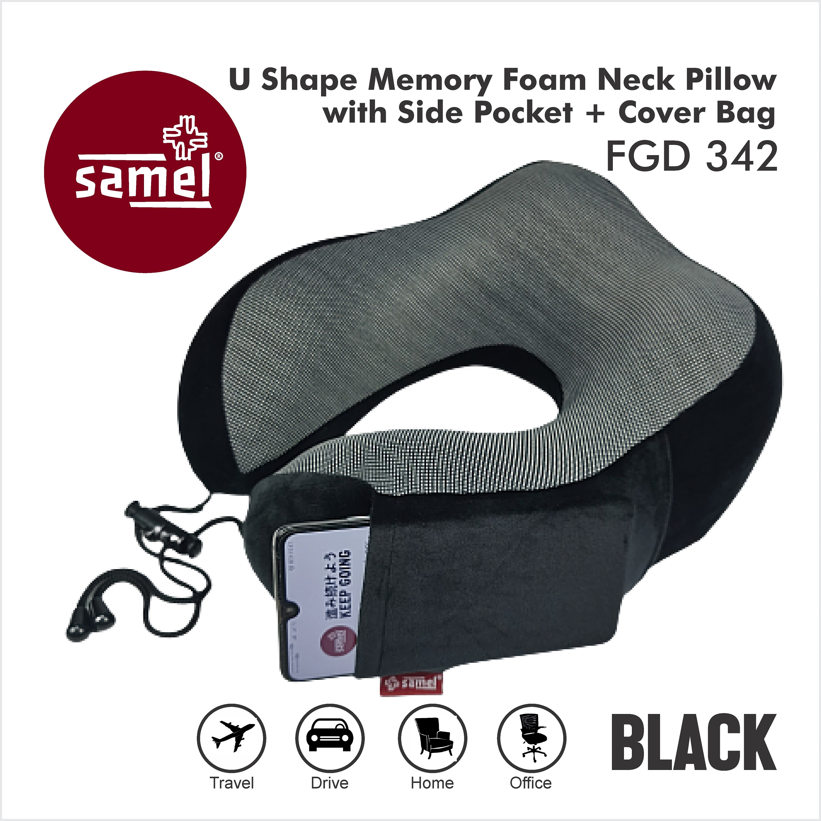 Samel fgd 342 u shape memory foam neck pillow with side pocket + cover bag