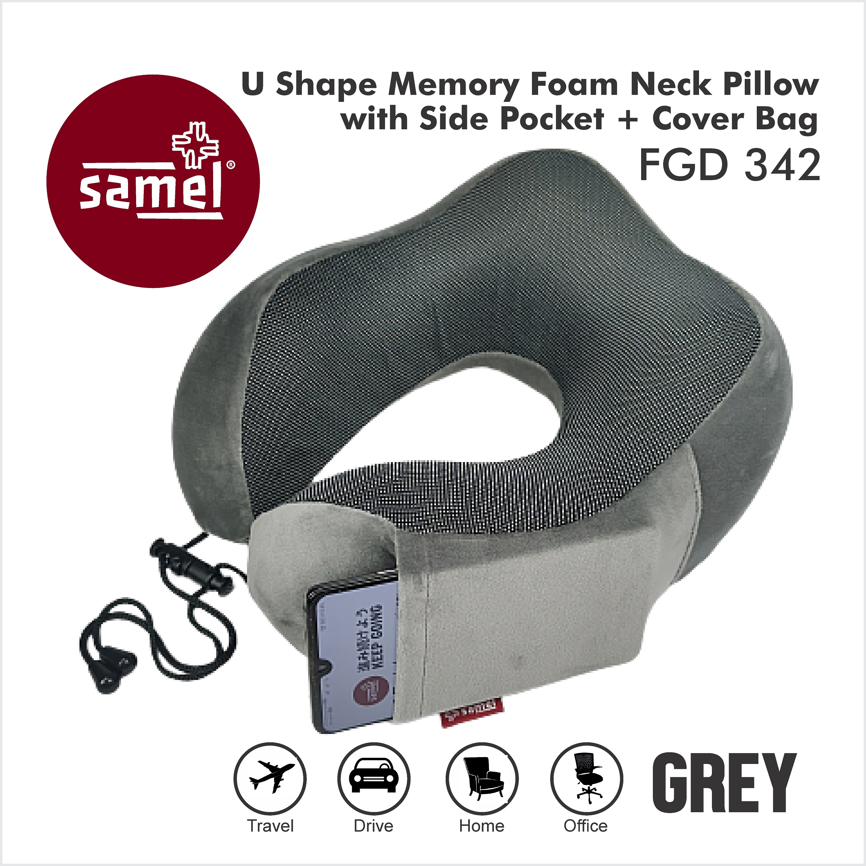 Samel fgd 342 u shape memory foam neck pillow with side pocket + cover bag