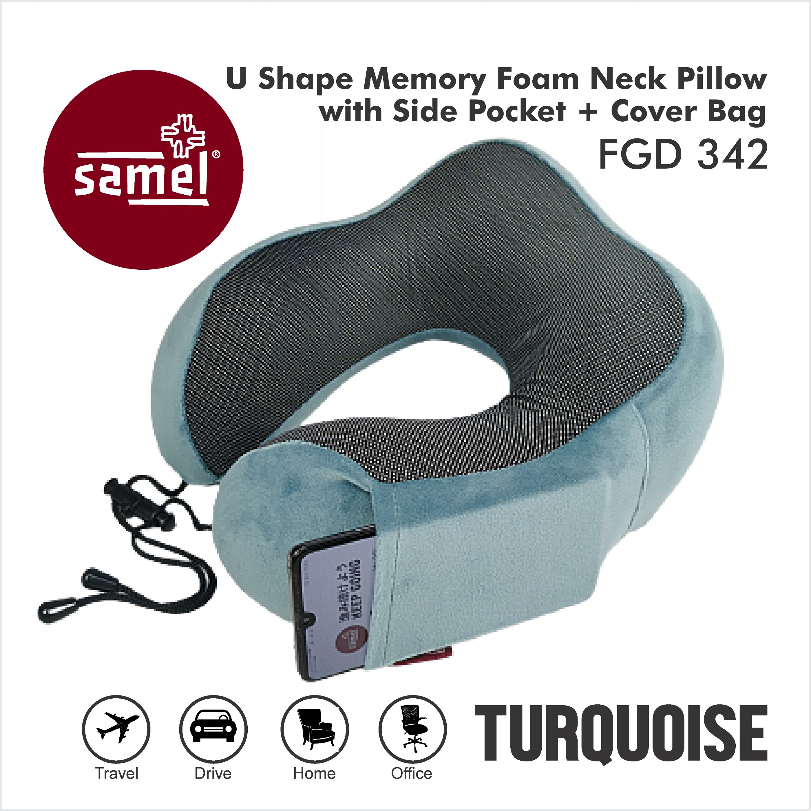 Samel fgd 342 u shape memory foam neck pillow with side pocket + cover bag