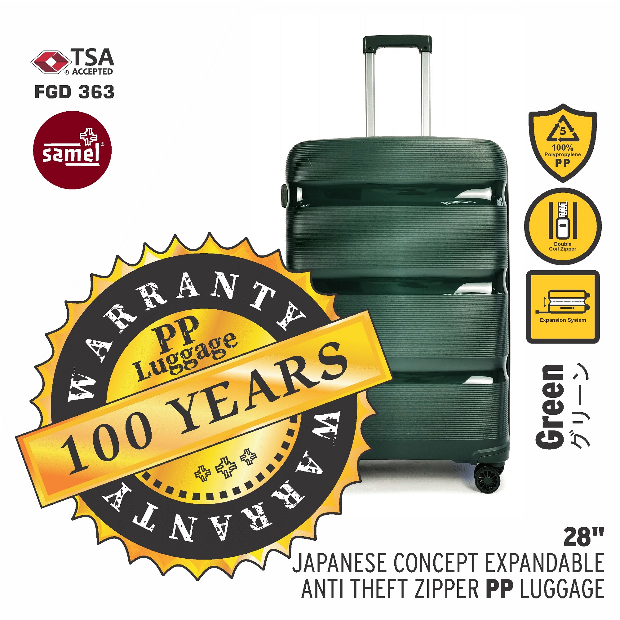 SAMEL 28" FGD 363 JAPANESES CONCEPT EXPANDABLE ANTI THEFT ZIPPER PP LUGGAGE