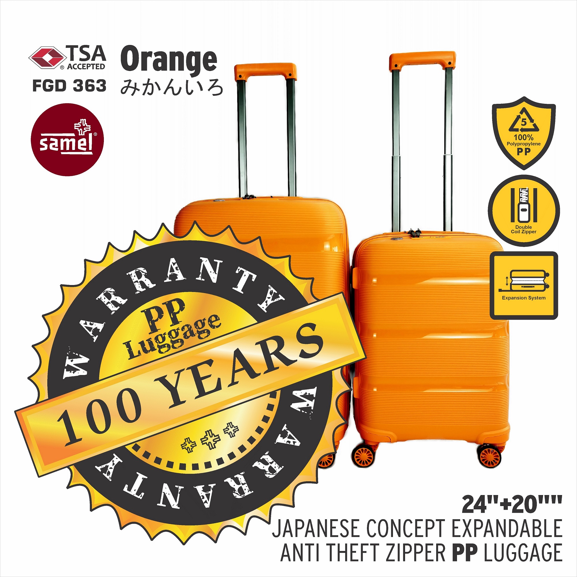 SAMEL 20" + 24" FGD 363 JAPANESES CONCEPT EXPANDABLE ANTI THEFT ZIPPER PP LUGGAGE SET