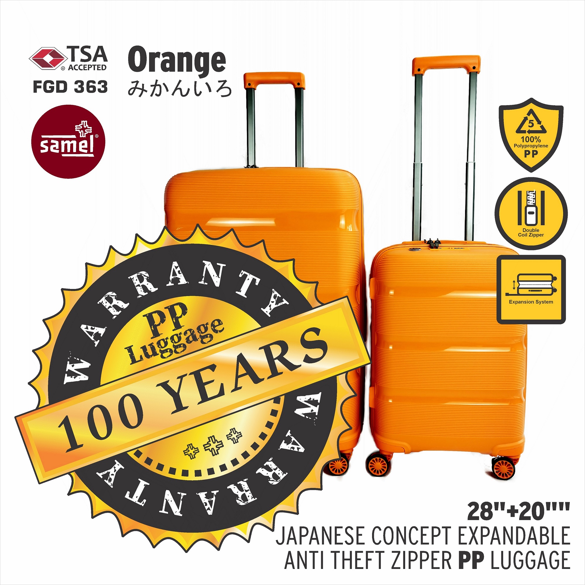 SAMEL 20" + 28" FGD 363 JAPANESES CONCEPT EXPANDABLE ANTI THEFT ZIPPER PP LUGGAGE SET