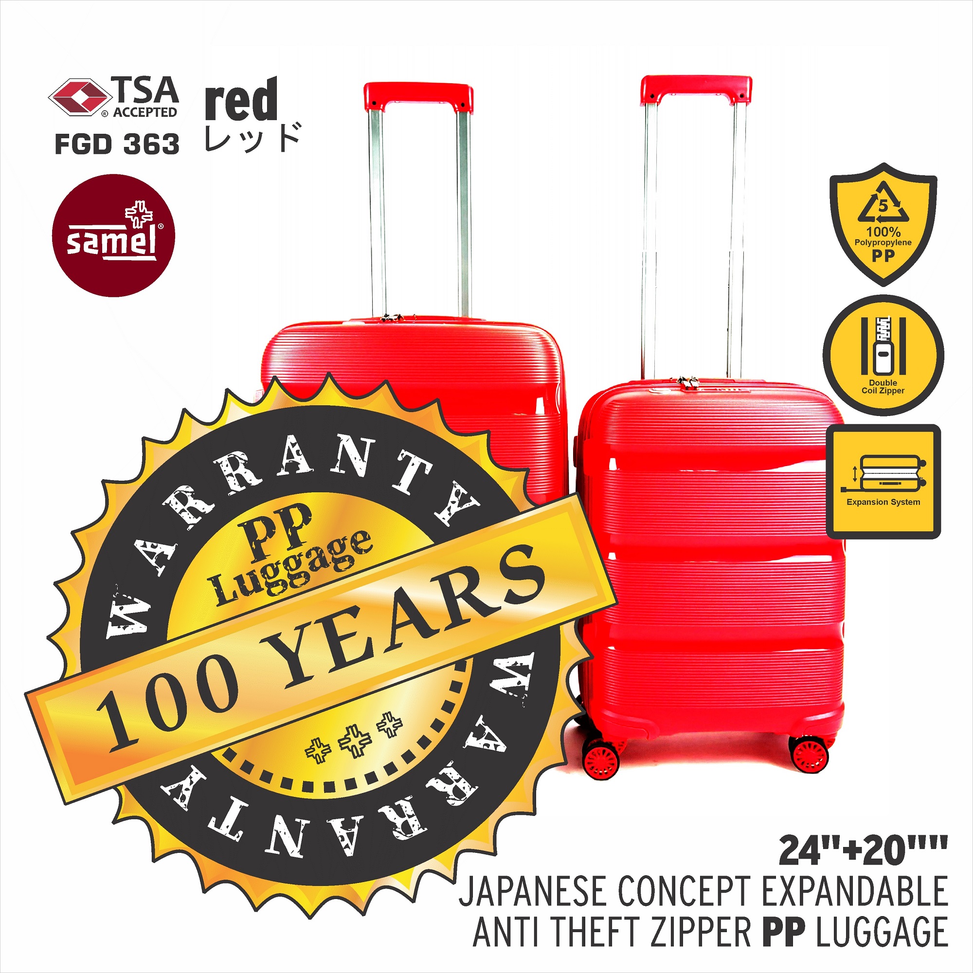 SAMEL 20" + 24" FGD 363 JAPANESES CONCEPT EXPANDABLE ANTI THEFT ZIPPER PP LUGGAGE SET