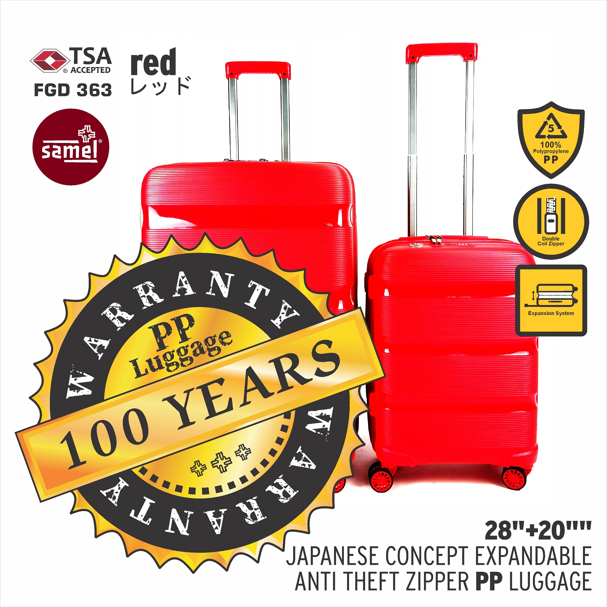 SAMEL 20" + 28" FGD 363 JAPANESES CONCEPT EXPANDABLE ANTI THEFT ZIPPER PP LUGGAGE SET