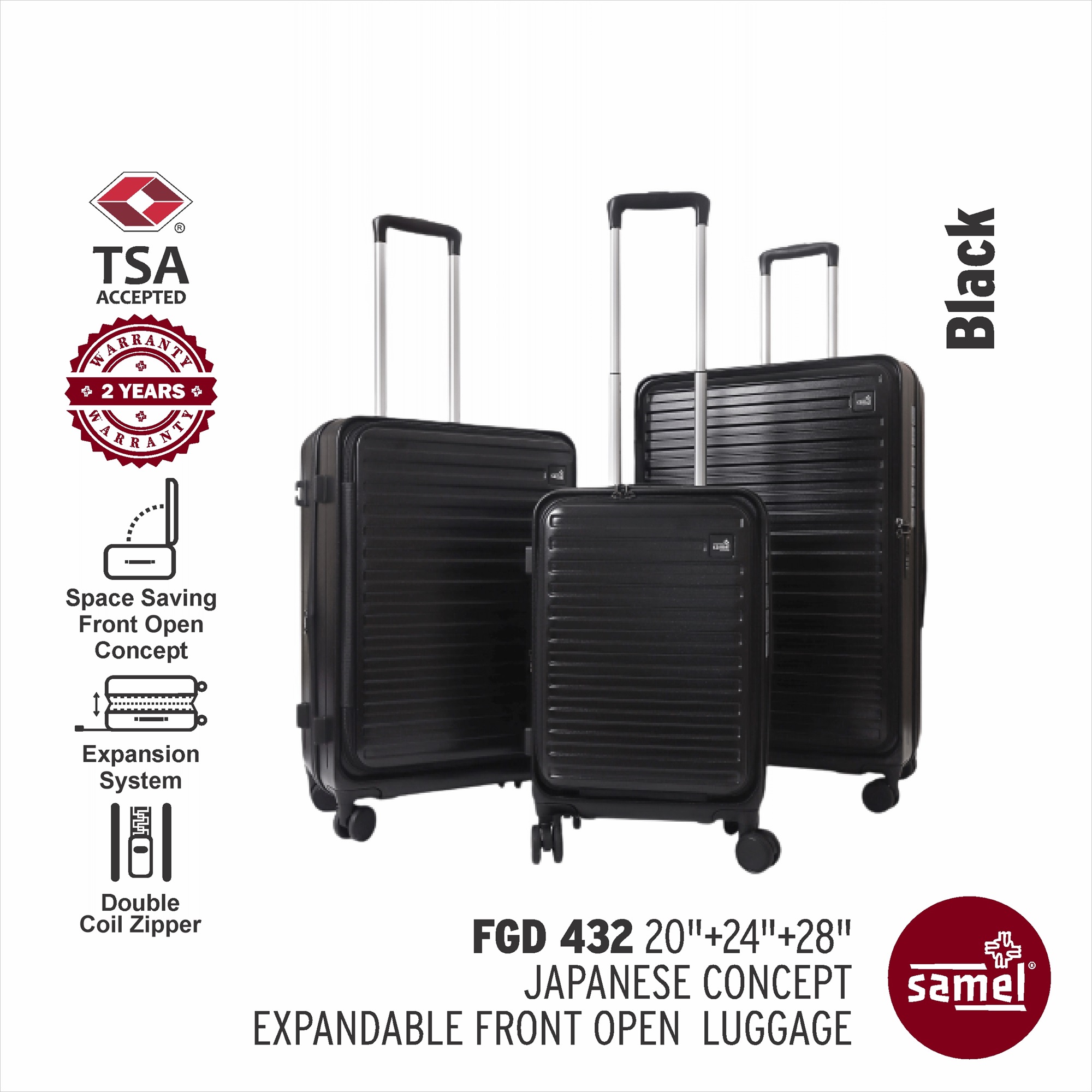 SAMEL 3-in-1 Set FGD 432 Japanese Concept Expandable Anti-Theft Zipper Front Open Luggage (20" + 24" + 28")