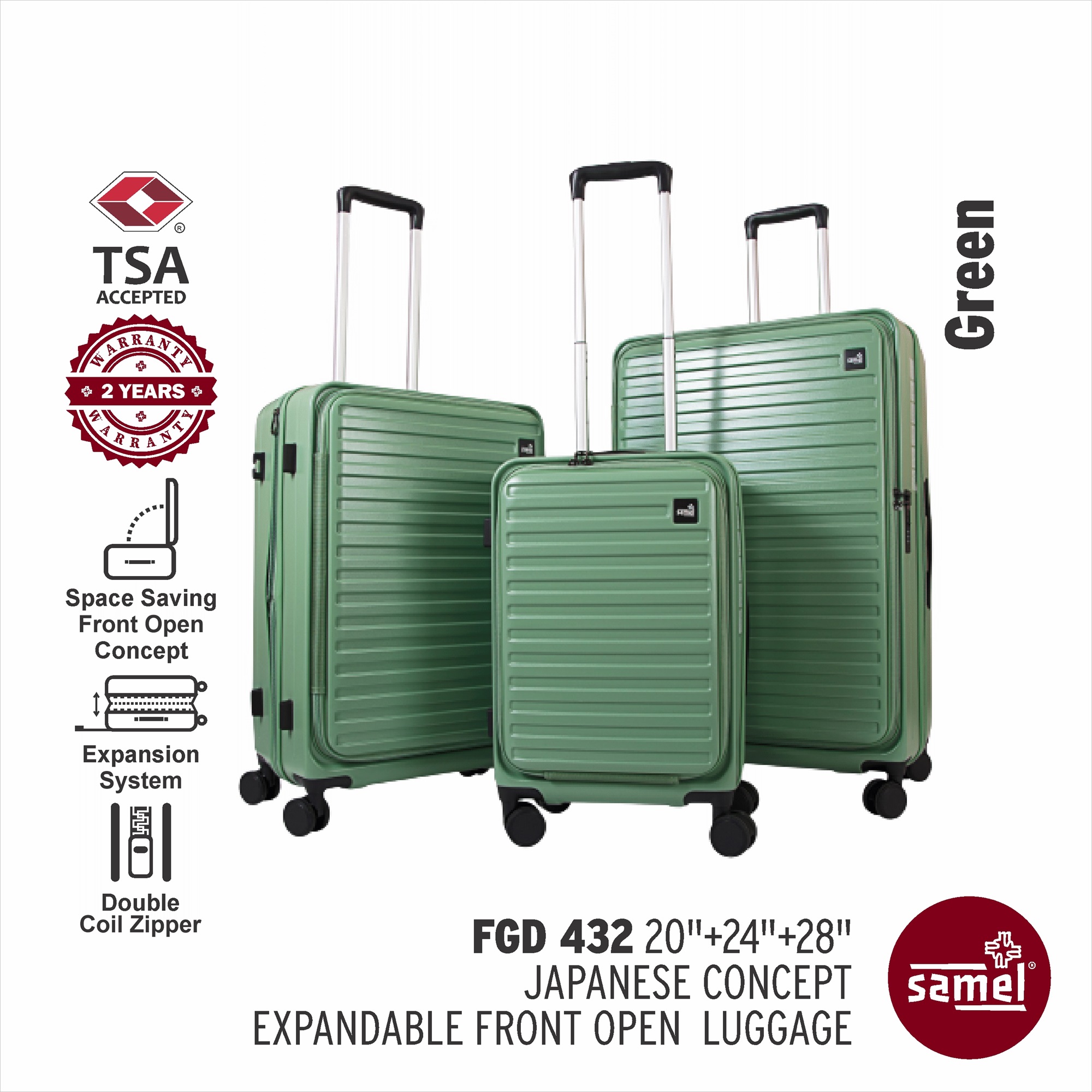 SAMEL 3-in-1 Set FGD 432 Japanese Concept Expandable Anti-Theft Zipper Front Open Luggage (20" + 24" + 28")