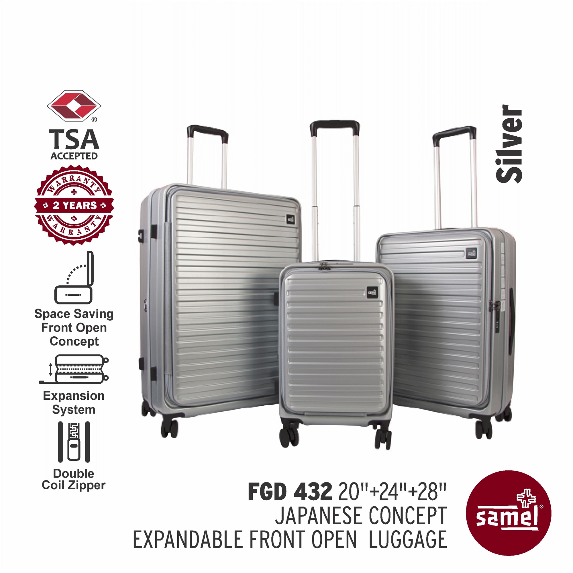 SAMEL 3-in-1 Set FGD 432 Japanese Concept Expandable Anti-Theft Zipper Front Open Luggage (20" + 24" + 28")