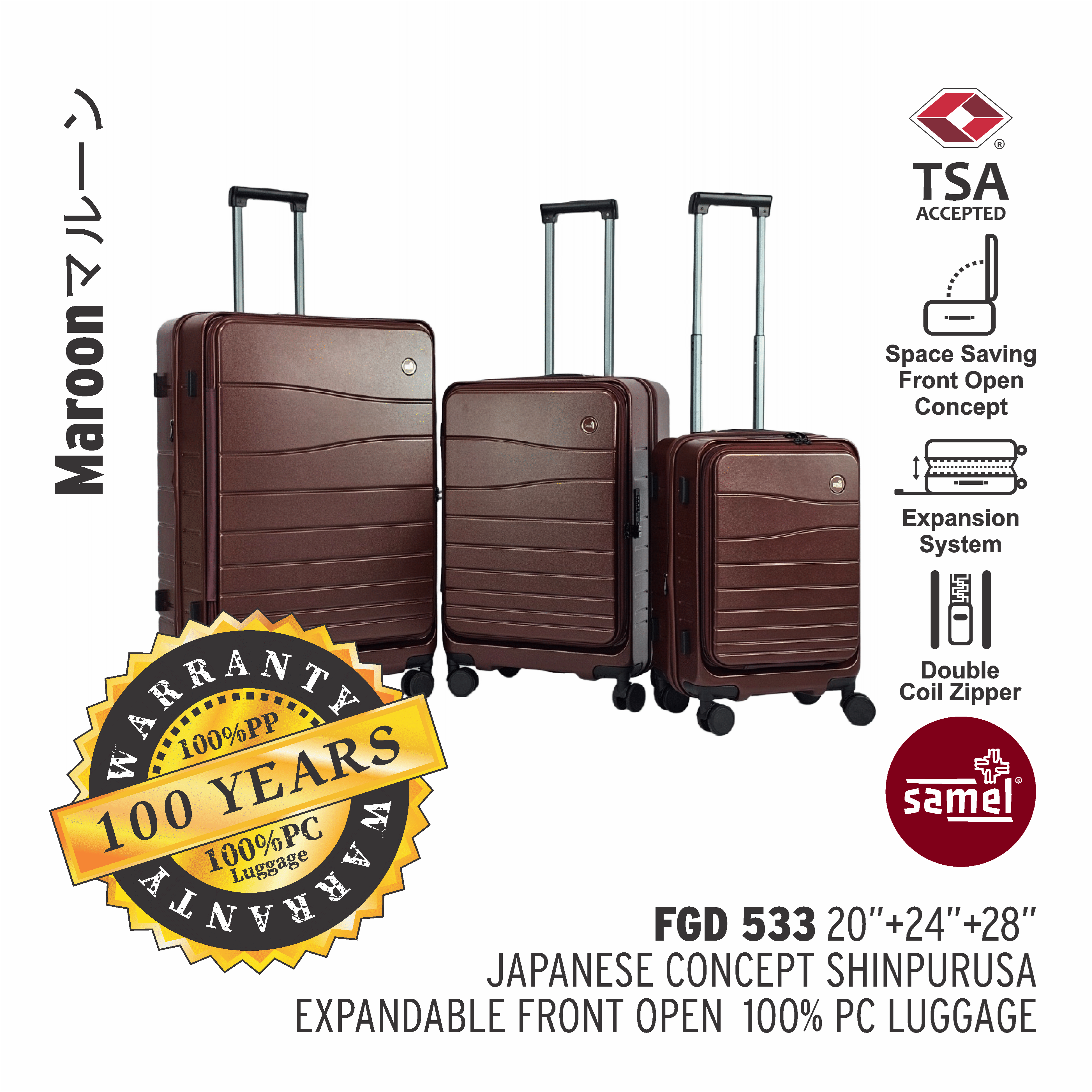 SAMEL  3-IN-1 SET FGD 533 JAPANESES CONCEPT SHINPURUSA PREMIUM EXPANDABLE FRONT OPEN 100% PC LUGGAGE  (20"+24"+28")