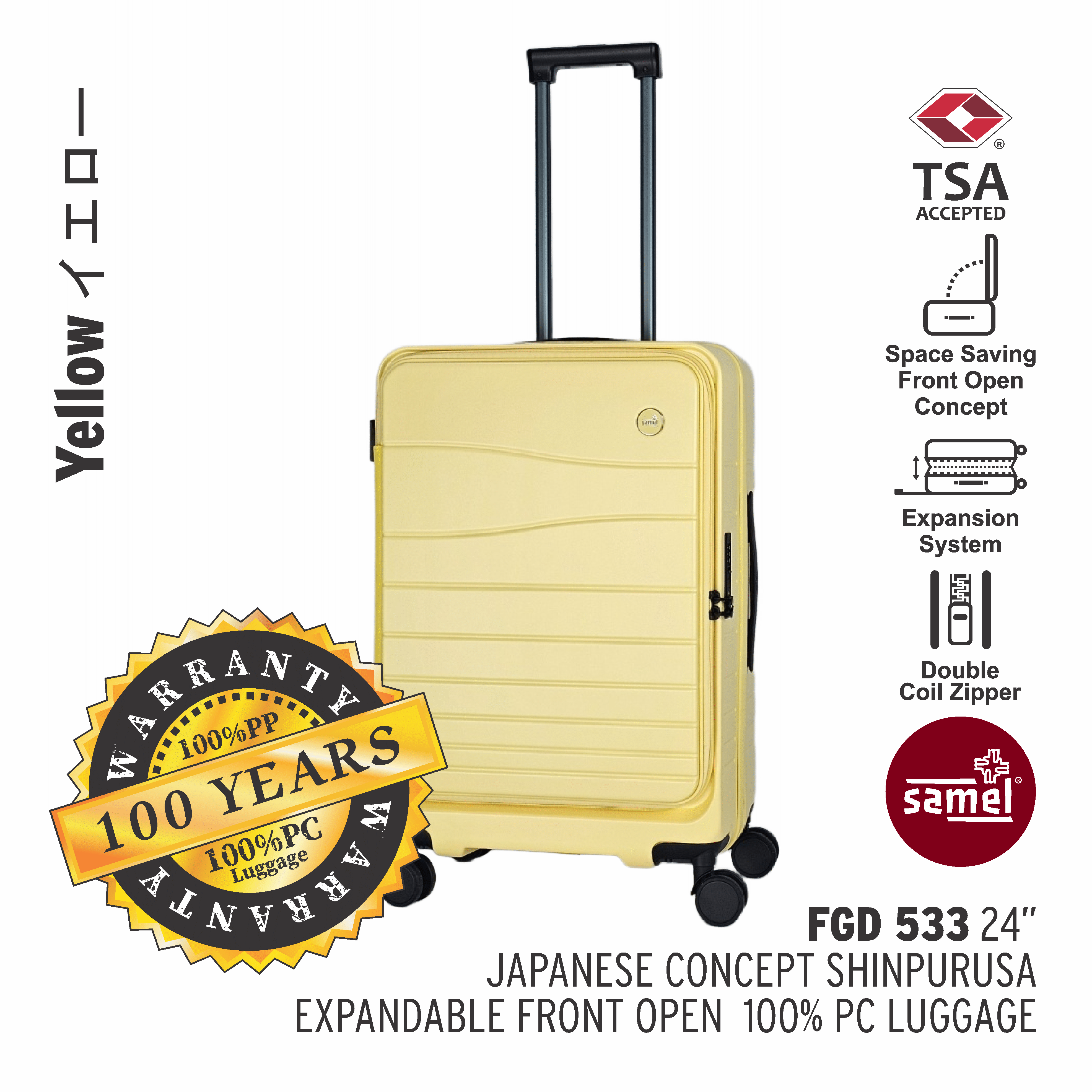 SAMEL 24" FGD 533 JAPANESES CONCEPT SHINPURUSA PREMIUM EXPANDABLE FRONT OPEN 100% PC LUGGAGE