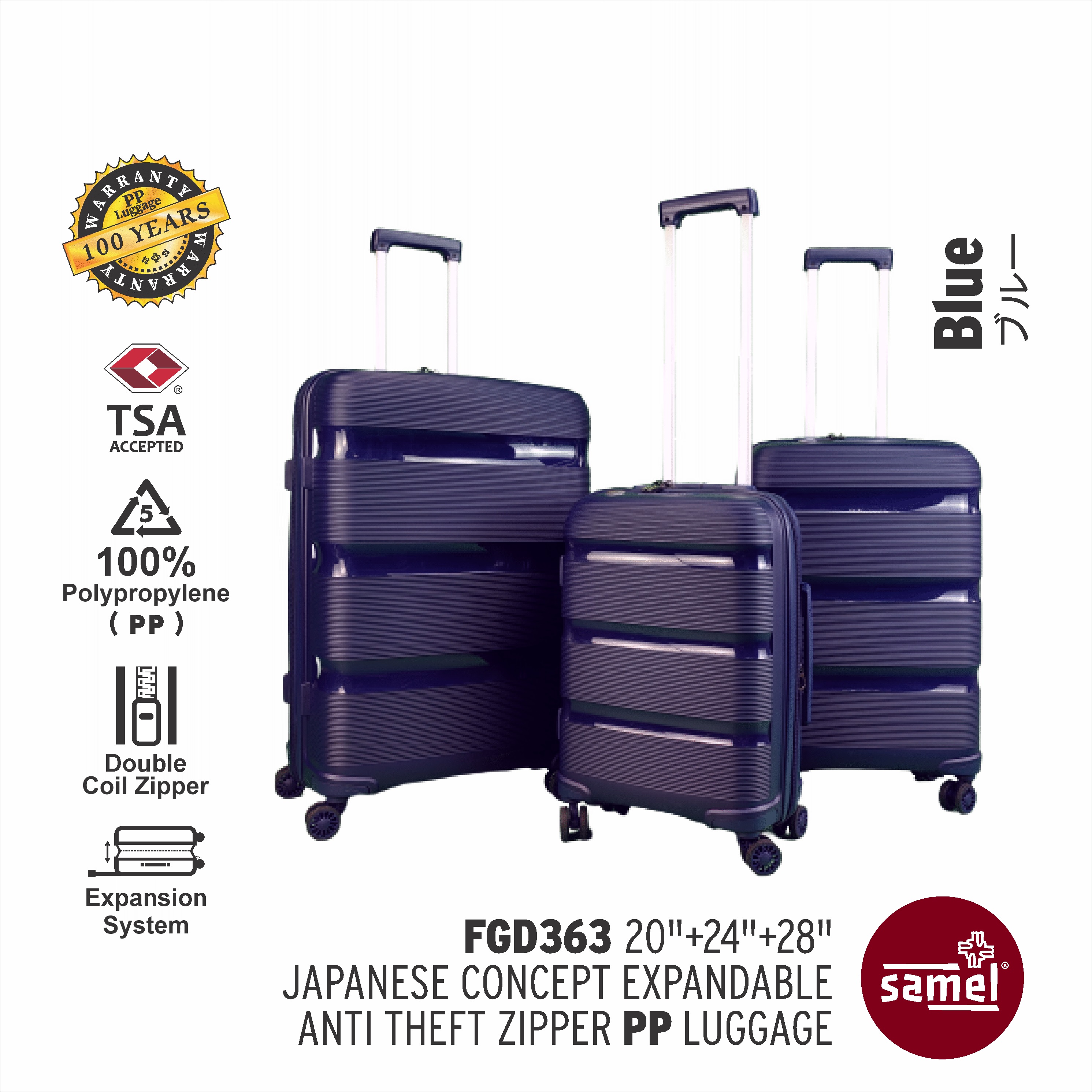SAMEL 3 IN 1 SET FGD 363 JAPANESES CONCEPT EXPANDABLE ANTI THEFT ZIPPER PP LUGGAGE 20" 24" 28"