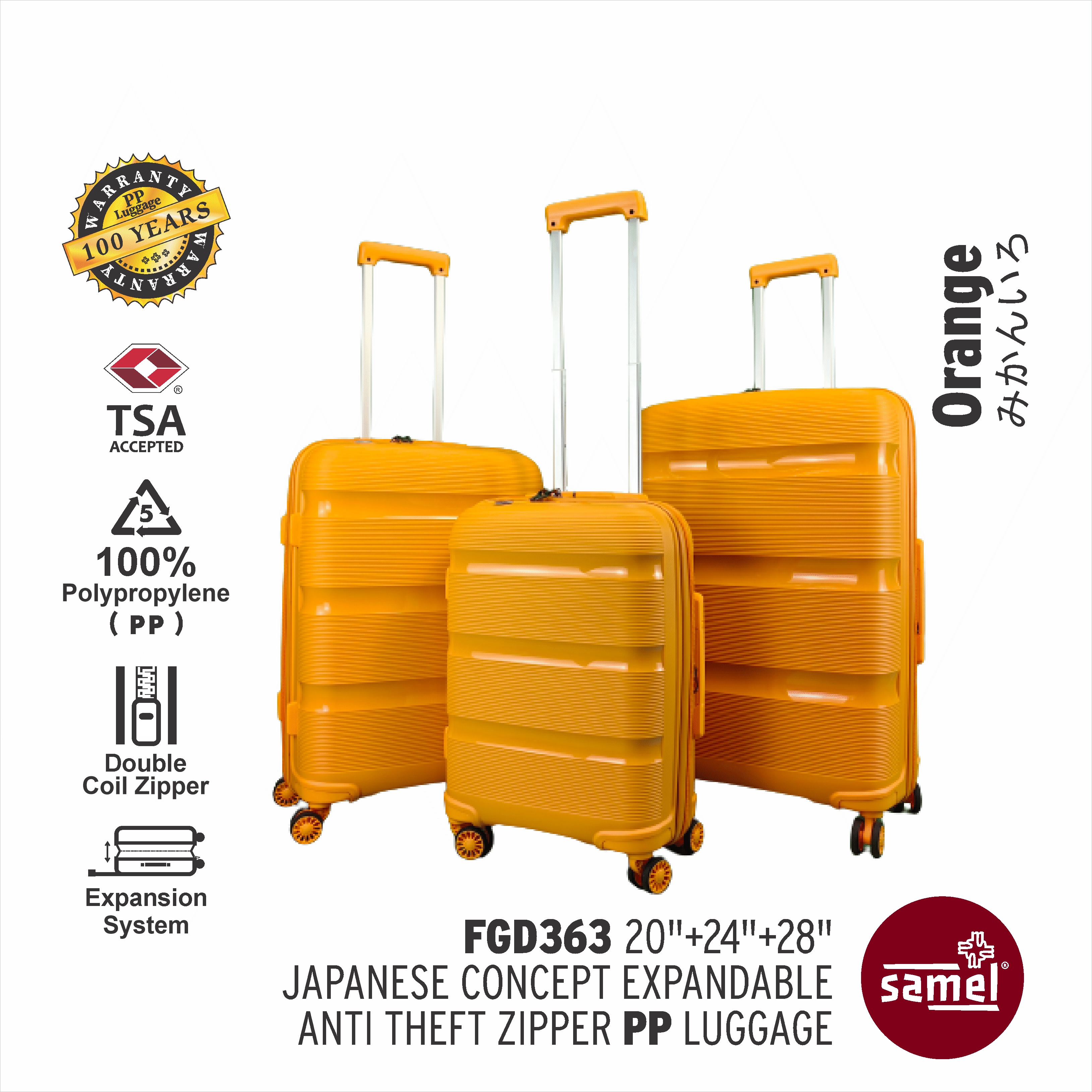 SAMEL 3 IN 1 SET FGD 363 JAPANESES CONCEPT EXPANDABLE ANTI THEFT ZIPPER PP LUGGAGE 20" 24" 28"