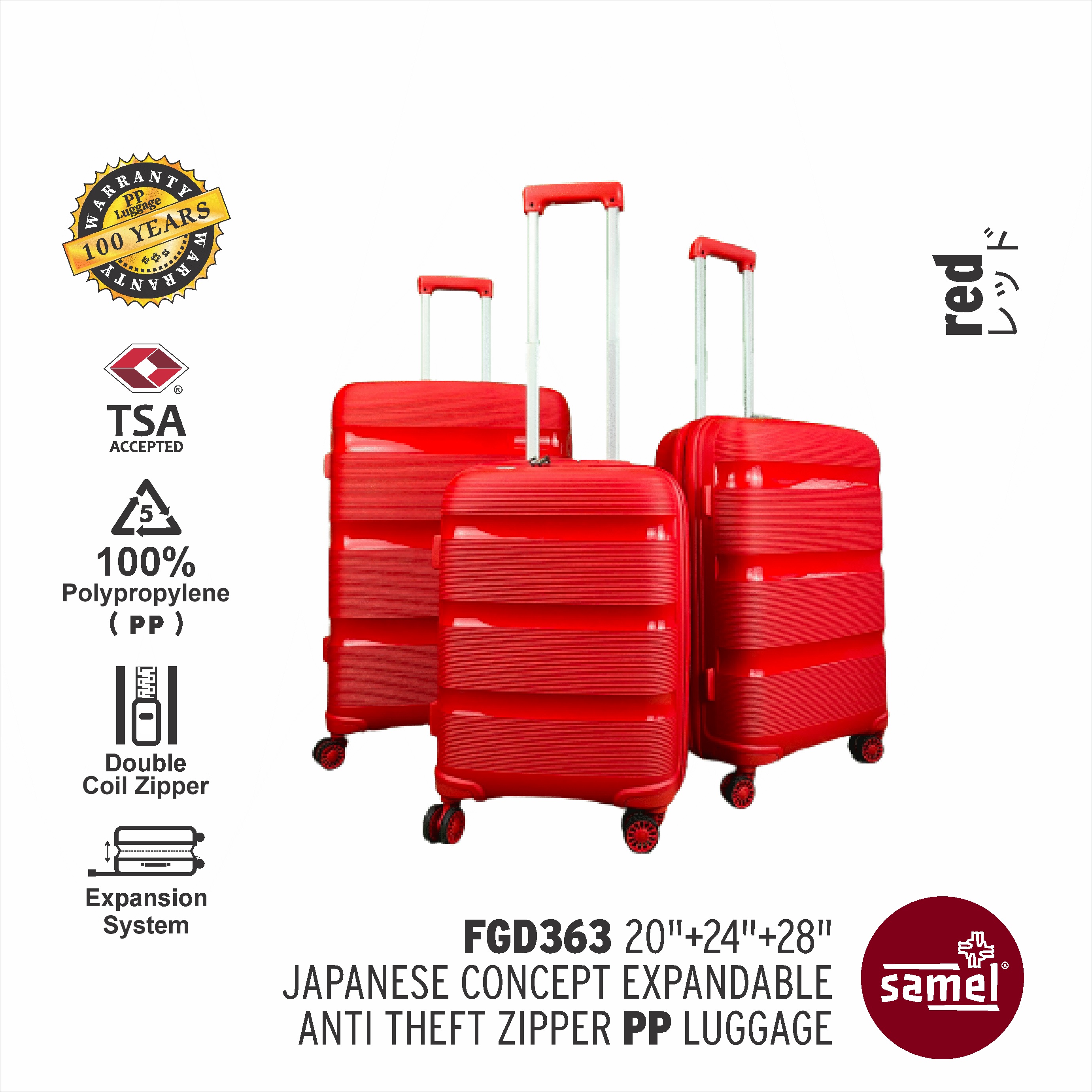 SAMEL 3 IN 1 SET FGD 363 JAPANESES CONCEPT EXPANDABLE ANTI THEFT ZIPPER PP LUGGAGE 20" 24" 28"