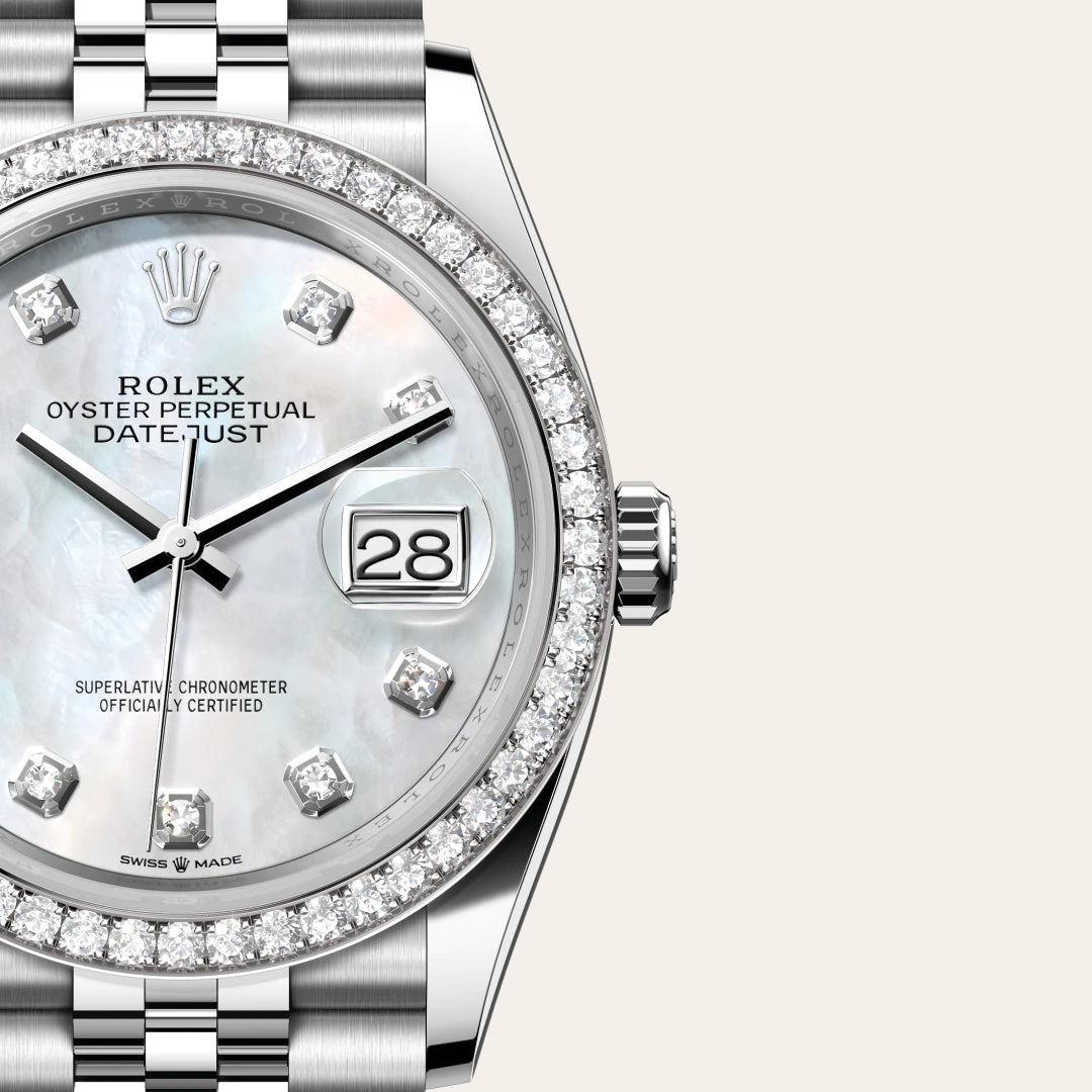 Rolex デイトジャスト 36  オイスター、36 mm、オイスタースチール＆ホワイトゴールド、ダイヤモンド
