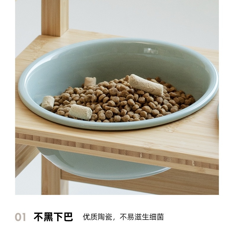 PET CERAMIC BOWL WITH 3-LEVEL ADJUSTABLE BAMBOO STAND