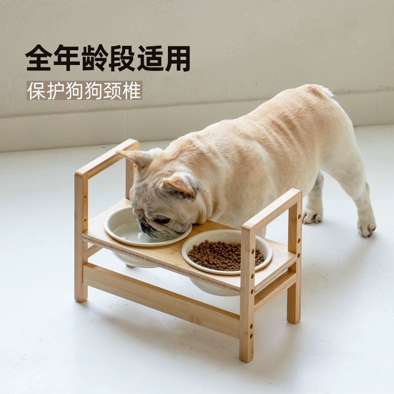 PET CERAMIC BOWL WITH 3-LEVEL ADJUSTABLE BAMBOO STAND