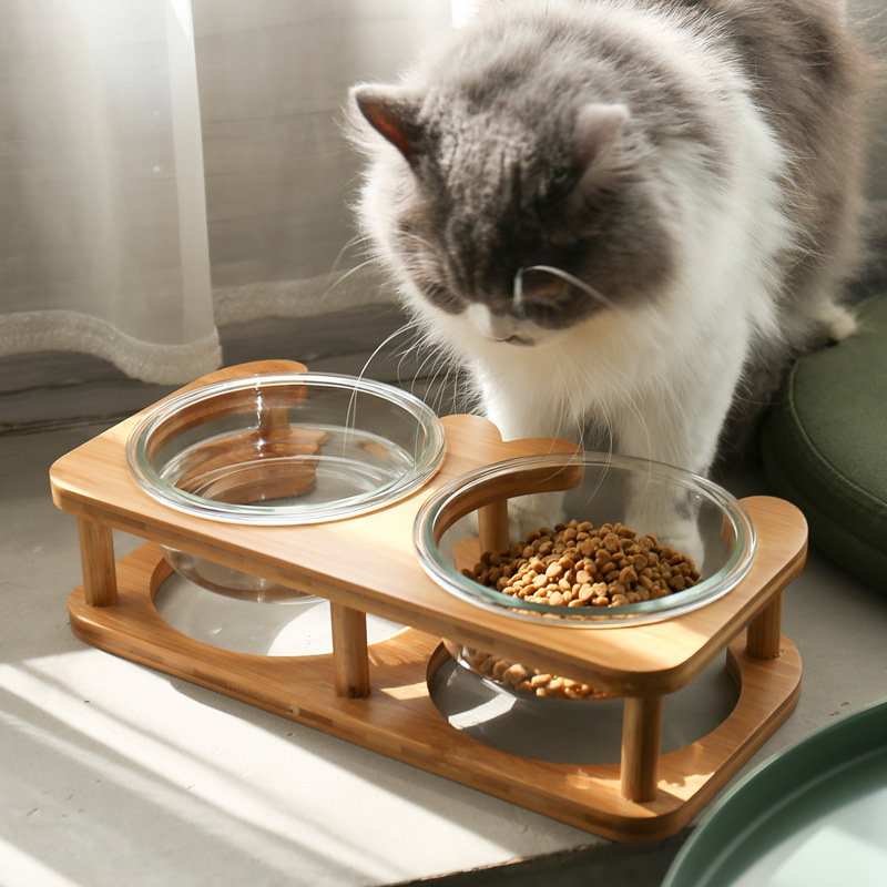 PET BOWL – THICK GLASS WITH WOODEN STAND, SINGLE / DOUBLE BOWL
