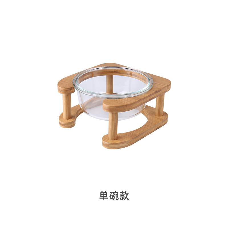 PET BOWL – THICK GLASS WITH WOODEN STAND, SINGLE / DOUBLE BOWL