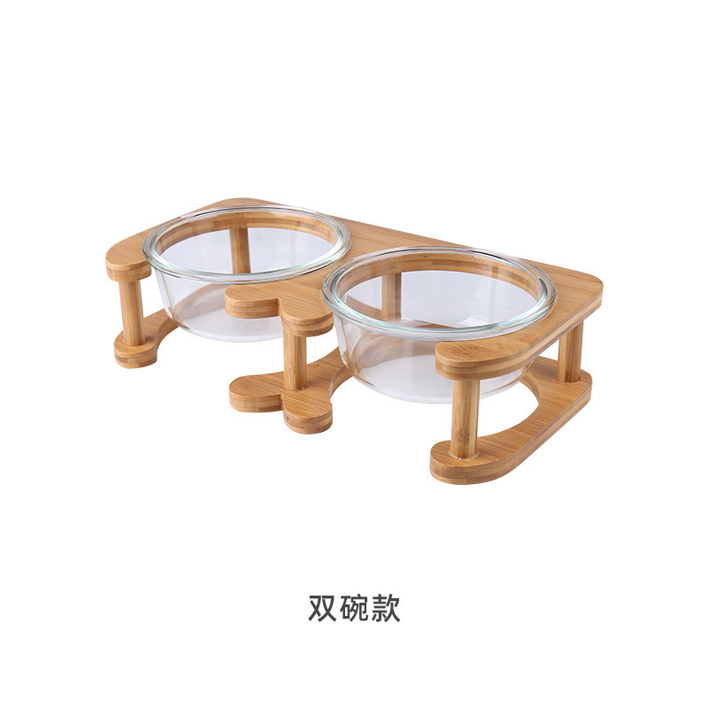 PET BOWL – THICK GLASS WITH WOODEN STAND, SINGLE / DOUBLE BOWL