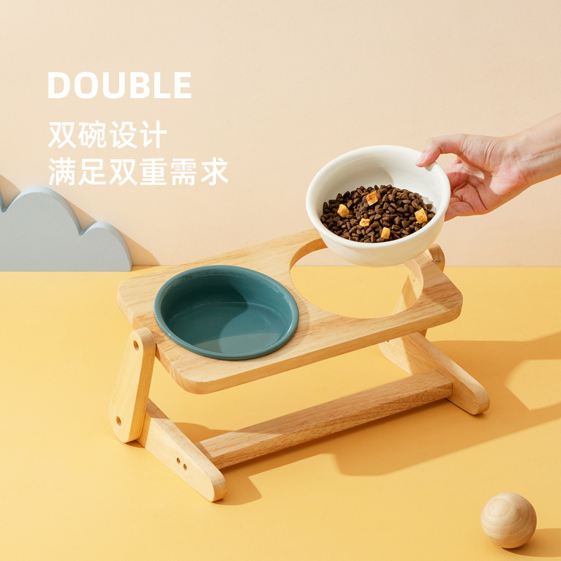 PET CERAMIC BOWL – VERSATILE DOUBLE WOODEN STAND