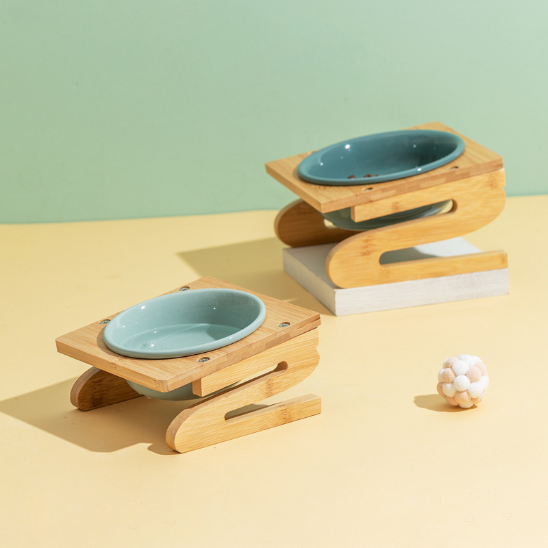 PET CERAMIC BOWL WITH S-SHAPED BAMBOO STAND