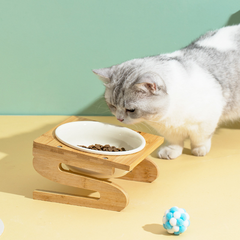 PET CERAMIC BOWL WITH S-SHAPED BAMBOO STAND