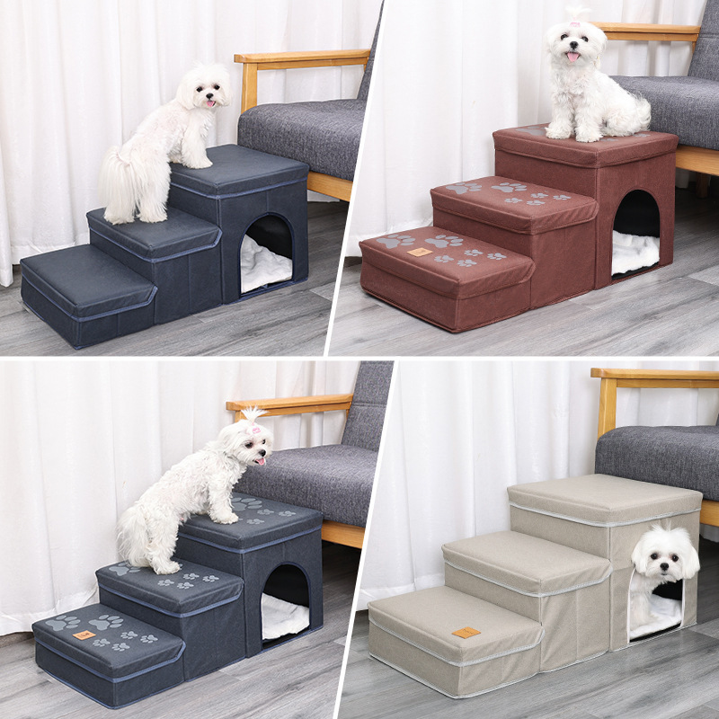 DOGLEMI 3-STEP PET STAIRS WITH PET HOUSE – FREE MINI CUSHION